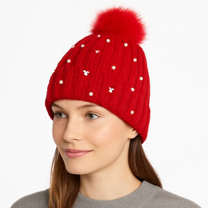 NWT BP Red Knit Beanie with Faux Pearls & Pom – One Size